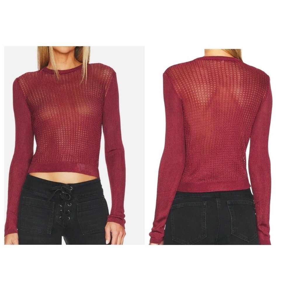 Free People Pointelle Knit Top Women Large Burgundy Sheer Long Sleeve Crew Neck